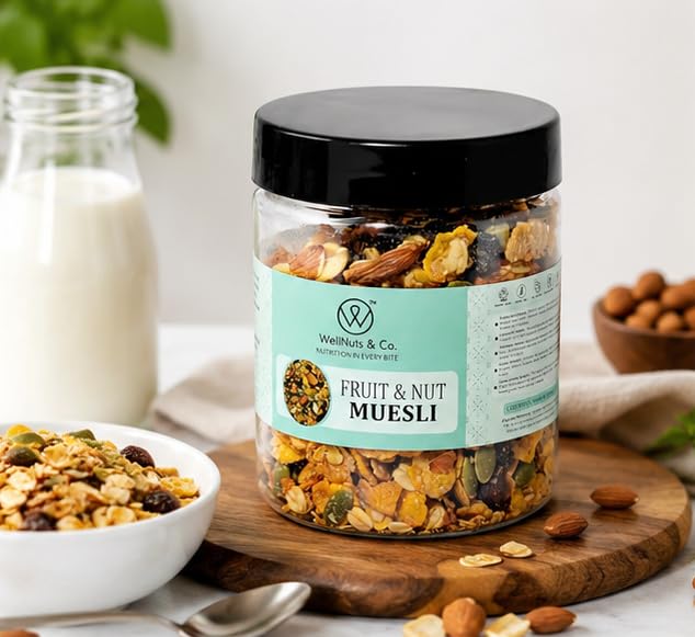 Image of WellNuts & Co. Healthy Snack Combo Pack of 4 |Fruit Nut Meusli - 200g, Mix Veg Chips - 150g, Protein Booster - 200g, Protein Salad - 425g| Roasted & Ready to Eat Snacks | High Protein & High Fiber Combo | Snacks for Healthy Everyday