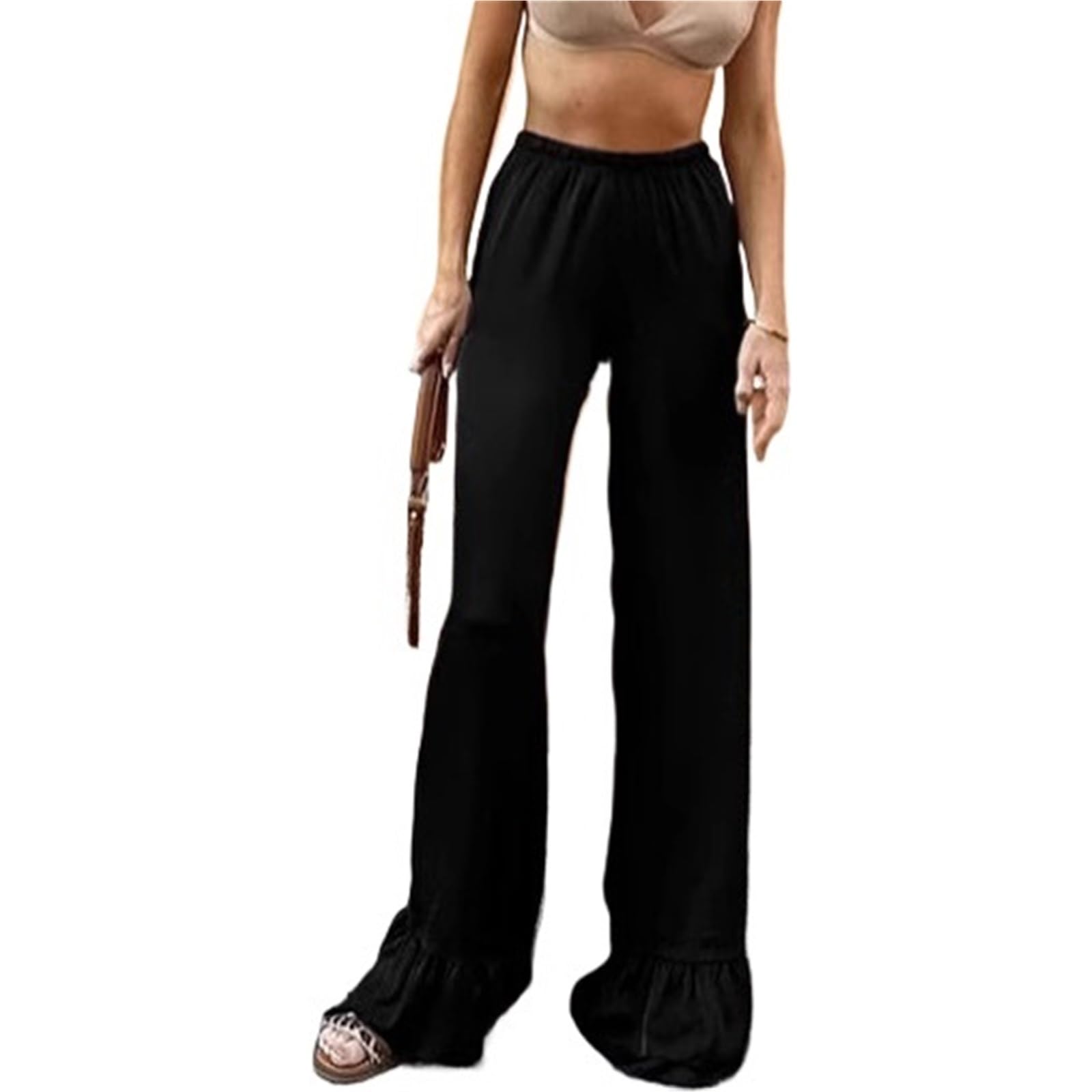 Pantaloni Larghi in Raso Nero Estivi Eleganti da Donna con Volant sull'Orlo Largo a Vita Alta Palazzo Casual Vacation Streetwear
