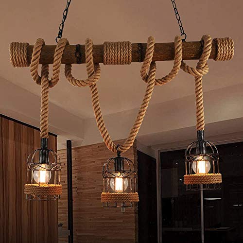 BAYCHEER Industrial 3 Lights Pendant Light Ceiling Lighting Hanging Lamp Chandelier Lantern Style with Rope Cage Frame & Wood Decoration for Indoor Bar Warehouse Hallway Use E26 Bulbs