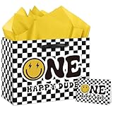 One Happy Dude Birthday Gift Bag with Tissue Paper and Greeting Card One Year Old Boy Birthday Gifts Wrapping Paper Bag, 1st Bday Boy Present Wrap, First Birth Day Party Decorations Supplies