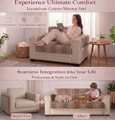Image of STITCHNEST Chenille Printed Sofa Cover 1 Seater with 2 Hand Rest Covers - Washable Beige Sofa Cover with Tassels - Durable Premium Fabric - Stylish Sofa Protector for Living Room & Furniture Decor