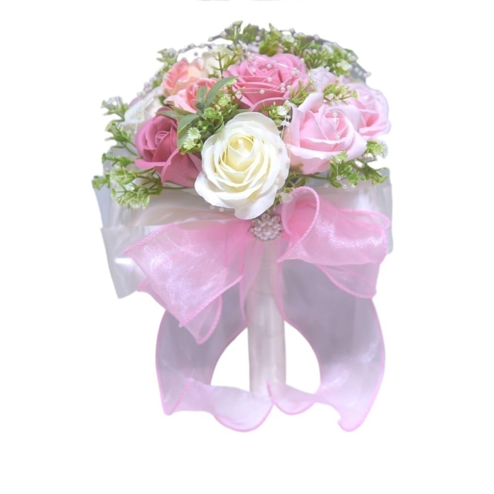 HUFFA Elegant Cream-Colored Artificial Wedding and Engagement Flowers Bridal Bouquet(pink)