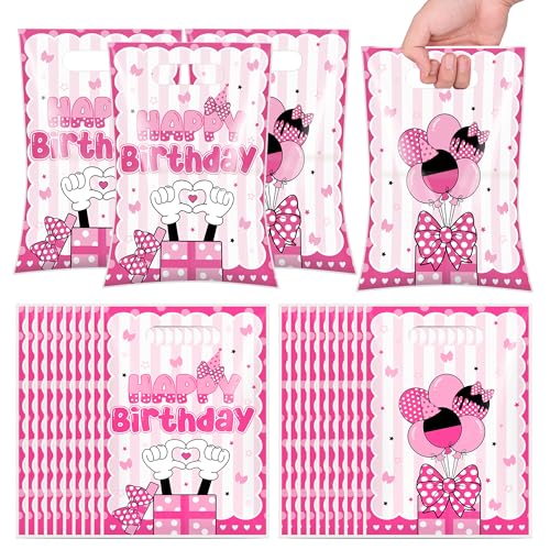 iPartyGo Mouse Party Favors Bags - 50 Pcs Pink Oh Twodles Birthday Decorations Plastic Goodies Candy Bag Bulk with Handles Happy Cute 2nd Bday Themed Gift Pouch Supplies for Two Years Old Kids Girls