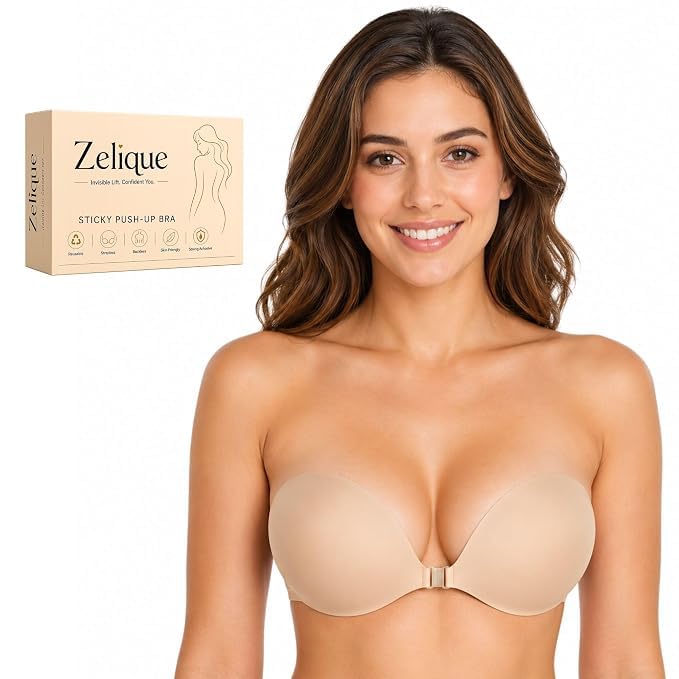 Zelique Strapless Adhesive Bra for Women, Reusable Stick On Push Up Bra, Invisible Backless Silicone Bra with Front Closure, Skin Friendly, Beige, Size B-picture-43