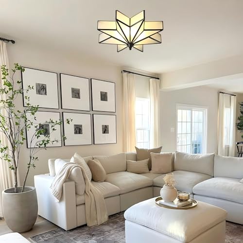 Image of LIGHTLAND 19.7 Inch Flush Mount Star Ceiling Light, 4 Lights Brass Ceiling Lamp with Glass Lampshade, Art Deco Close to Ceiling Light Fixtures for Bedroom Living Room Entryway Hallway, Black