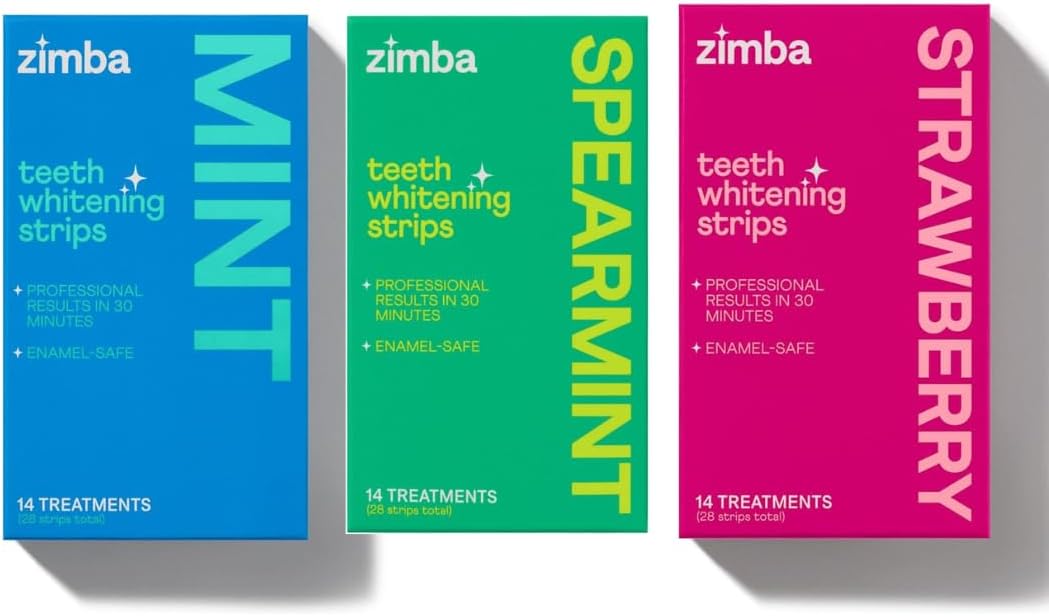 Zimba Strips Clareadores de Dentes 3-Pacote (Hortelã, Hortelã-Brasileira, Morango) | Clareamento Dental Vegan Seguro para o Esmalte com Peróxido de Hidrogênio