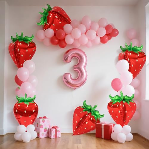 Image of Deermoon 4D Jumbo Red Tropical Strawberry Balloon, Spring Summer Berry Sweet Fruit Cartoon Strawberry Balloons For Baby Shower Wedding Gender Reveal Birthday Party Decor Supplies
