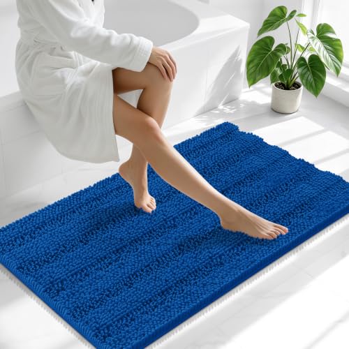 Image of Smiry Thick Chenille Bathroom Runner Rugs 44x24, Extra Absorbent Striped Bath Mat, Machine Washable, Rubber Backing, Long Bath Rugs for Bathroom, Tub & Shower, Home Decor Accessories, Deep Navy Blue