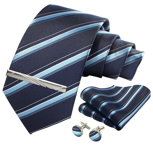 Image of Striped Plaid Polka Dot Mens Tie Formal Necktie Pocket Squares Ties Clips Cufflinks Classic for Men Set
