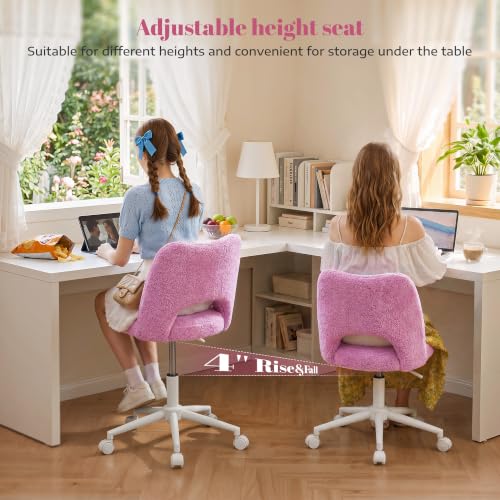 Image of DurayLoly Vanity Chair with Wheels & Open Back,Light Purple | Soft Teddy Fabric, Armless, 6 inch Thick Cushion, Height Adjustable, 300 lbs, 360 Swivel for Vanity Table, Home Office