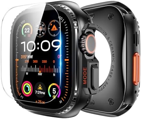 Goton Metal Case Compatible for Apple Watch Ultra 2 2024 Ultra Screen Protector 49mm, Rugged Bumper Tempered Glass 49 mm with Back Cover Natural Titanium