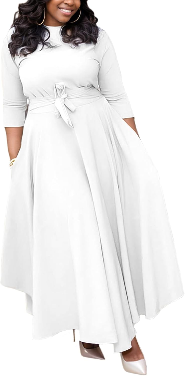 Plus Size Dress for Curvy Women Stretch Self Tie A-Line Maxi Dress with Pockets Swing Long Outfit