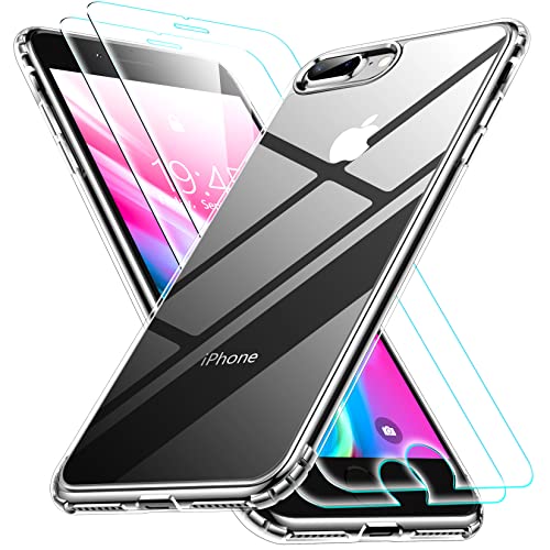 SPIDERCASE for iPhone 7/8 Plus Case, [Crystal Clear Not Yellowing] [Military Grade Drop Protection] [2 Pcs Tempered Glass Screen Protector] Slim Thin Cover for iPhone 7/8 Plus 5.5 inch Case (Clear)