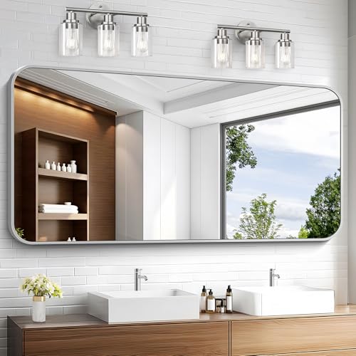 Image of KOCUUY Silver Bathroom Mirror, 60x30 Inch Large Bathroom Mirror for Over Sink, HD Tempered Glass, Anti-Rust Brushed Silver Frame, Rounded Corner Modern Design for Bathroom, Hang Horizontal /Vertical