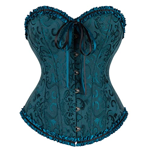 Plus Size Corset Women's Floral Pleated Trim Overbust Waist Cincher Bustier Top, Negro Verde, 4XL