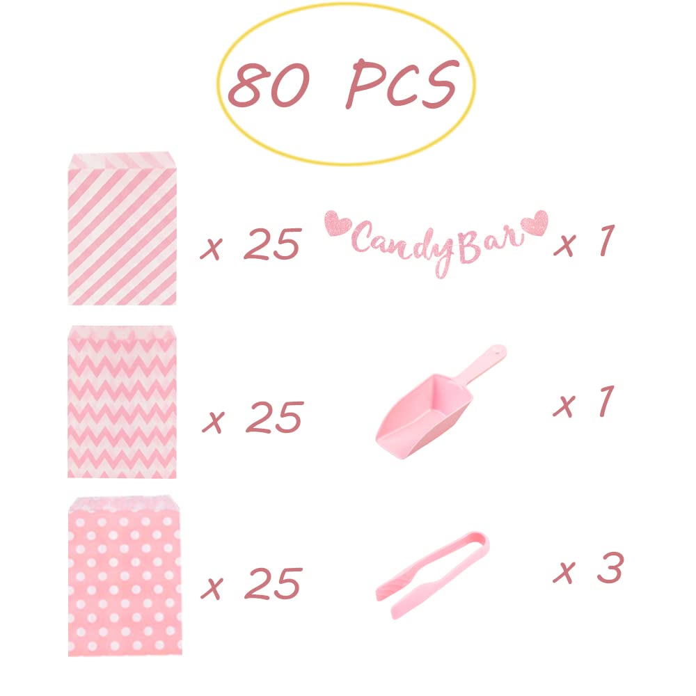 Candy Bar Party Set Pinzas de Candy 3 Piezas Alicates para Hielo 75 Bolsas de Papel con Candy Bar Banner Pala para Hielo Mini Pinza para Servir Juego de Pinzas para Azúcar