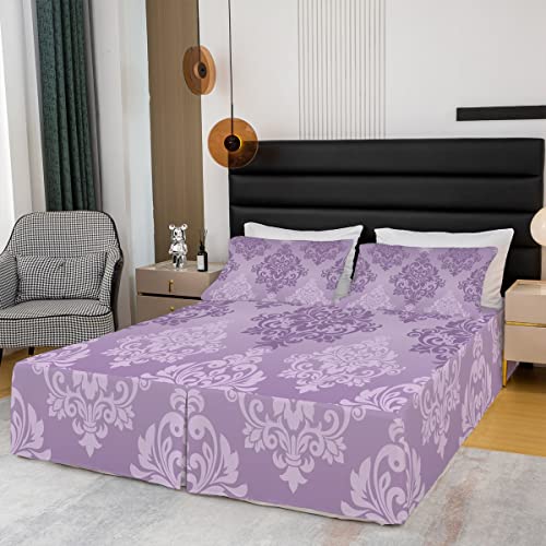 Purple Medallion Damask Bed Skirts King,Vintage Floral Victorian Baroque Style Bed Skirt Boho Abstract Flowers Bedskirt For Girls Teen Women,Classical Fashion Bedding Decor Set 2 Pillow Cases #TOP2