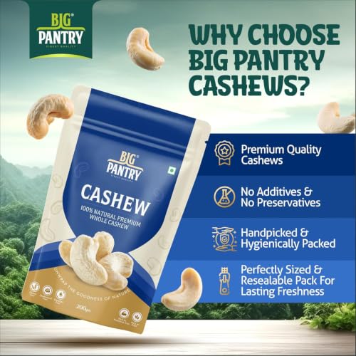 Image of BIG Pantry Raw Cashew Nuts 200g | Whole Kaju | Natural Raw Cashews | Protein Rich Dry Fruit | Gluten Free | Plant-Based Snack | Healthy Everyday Nut (Pack of 1)