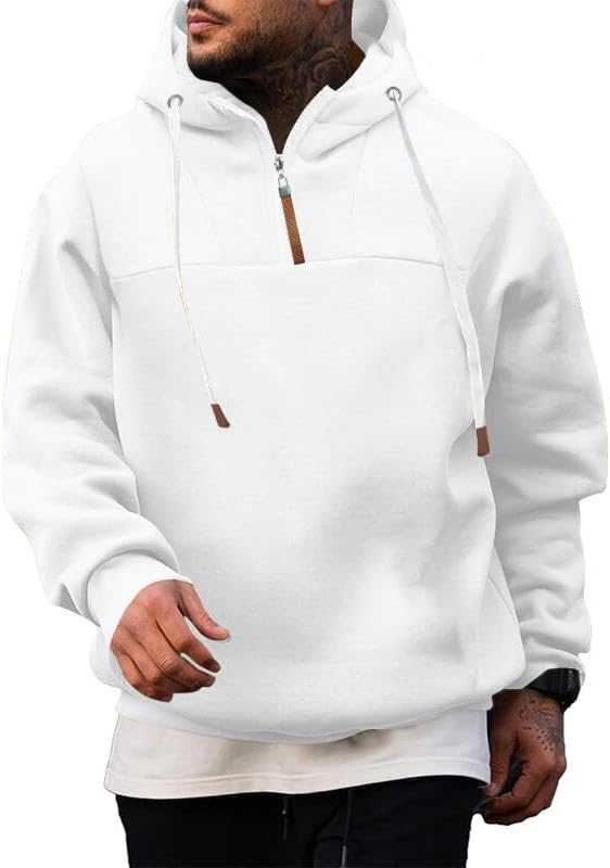 HOTYD Mens Solid Color Quarter Zip Pullover Hoodies Drawstring Mock Neck Long Sleeve Hooded Sweatshirt Fall Casual Hoodie