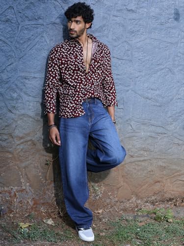 Image of Thomas Scott Men Slim Fit Pure Cotton Corduroy Floral Printed Semi-Formal Shirt