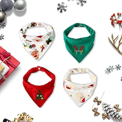 Little Dimsum Baby Bandana Drool Bib for Christmas Baby Bibs Boys & Girls Super Absorbent 100% Organic Cotton Baby Bandana Baby Gift Set for Teething Drooling(Christmas 4-Piece Bib Cover
