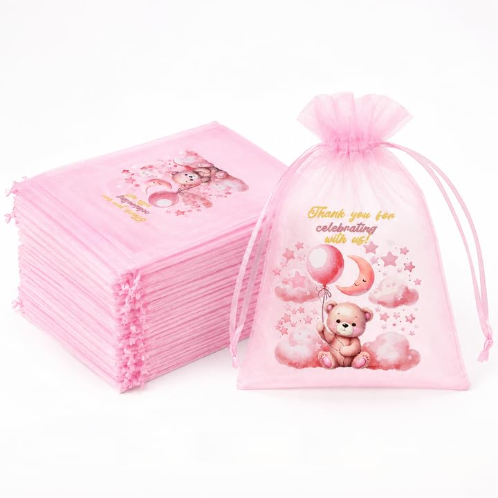 Satmarhz 30 Pcs Organza Potli Bags, Pink Bear Balloon Drawstring Net Pouches for Gifting, 15x10 cm Sheer Organza Bags for Wedding Birthday Favors-image-5