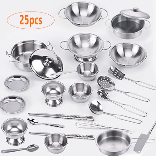 Tiny Classic Stainless Steel Kitchen Toys Cooking Utensils Set-Pretend Play Pots Pans Toy Cookware Kits for Kids Cooking Utensil Set Interactive Learning Role Play Educational Toys for Kids Mini Size - Image 3