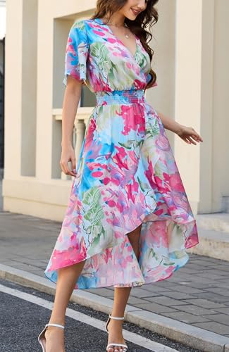 Image of Kormei Womens Short Sleeve Floral Maxi Dress High Low V-Neck Flowy Party Long Dresses