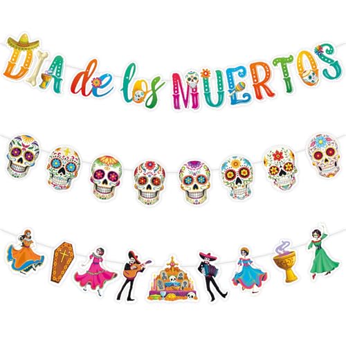 Dia De Los Muertos Party Banner, 3 Pack Colorful Day of the Dead Banners, Multicolored Skulls & Dancing & Playing Guitar, Mexican Fiesta Decor for Halloween, Cinco de Mayo, Sugar Skull Theme