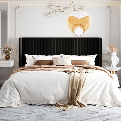 HOOMIC King Size Velvet Upholstered Bed Frame, Vertical Channel Tufted Wingback Headboard, Wooden Slats Support Platform, No Box Spring Needed, Easy Assembly, Black