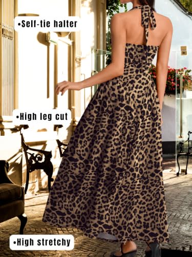 Image of ChiaoLezhee Deep V Neck Dress, Halter Maxi Dresses, Vacation Date Night, Sexy for Women Corset Flowy Wedding Guest Drop Waist