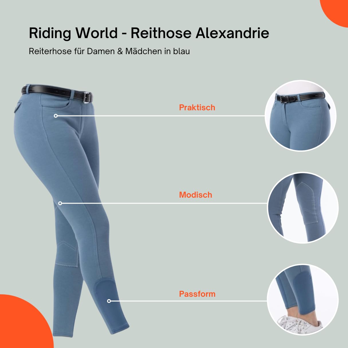 RIDING WORLD Pantalon d'équitation pour femme et enfant Alexandrie | Pantalon d'équitation avec genoux en tissu | avec poches avant | Legging d'équitation en six couleurs | Vêtements d'équitation en