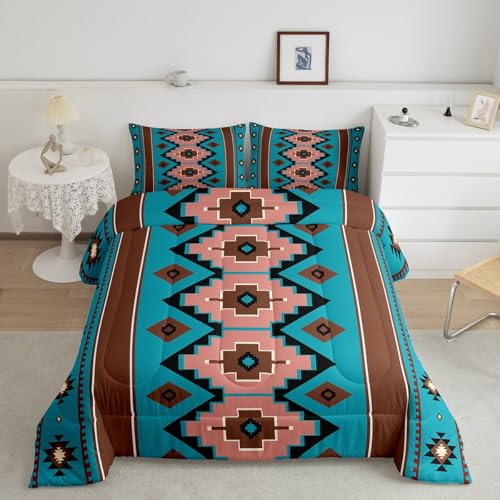 Image of Feelyou Boho Aztec Kids Comforter Set Full Size West Bedding Set Teel Brown Duvet Quilt for Kids Boys Girls Bedroom Western Decor Microfiber Ultra Soft Breathable