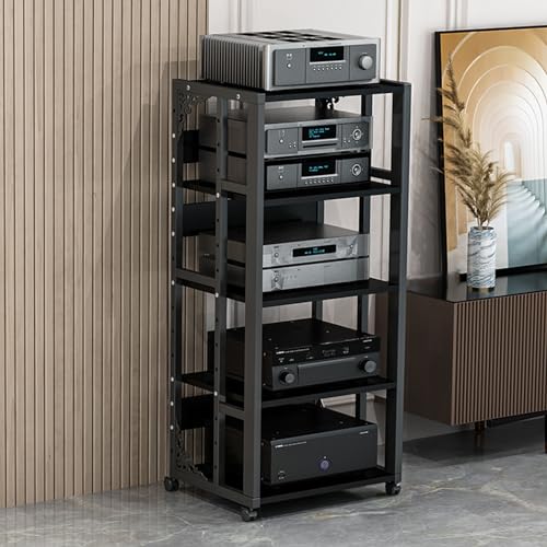 5 Tier AV Media Stand Stereo Component Cabinet CD Player Stand Movable Audio Rack Tower with Height Adjustable Wooden Shelf for Home/Office/Theater/Recording Room, 50x40x109cm (Color : Black)