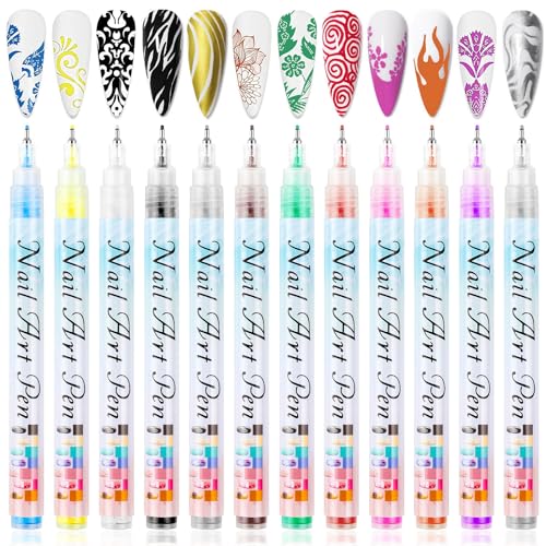 12 Colors Nail Art Pens Set, Nail Art Markers for 3D Nail Art, Nail Art Pens for Painting Nails Art Marker Drawing Painting Liner, Nail Polish Pens for DIY Nail Art Beauty Adorn Manicure Tools(1 Set)