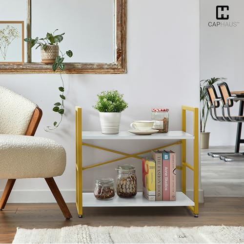 Image of CAPHAUS 2 Tier Small Bookshelf, 24 Inch Width Free Standing Shelf, Bookcase Shelf Storage Organizer, Industrial Book Shelves for Home Office, Living Room, White Wooden Shelves & Gold Frame