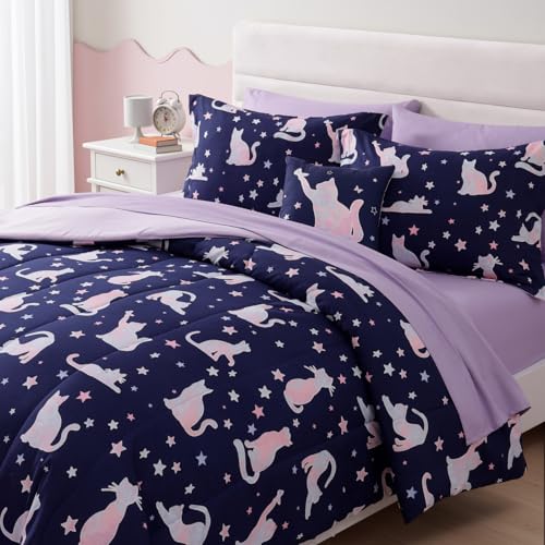 Full Size Comforter Set for Girls-4 Pieces Cat Patterns Full Bedding Set with 1 Comforter, 1 Decor Pillow &2 Pillow Shams