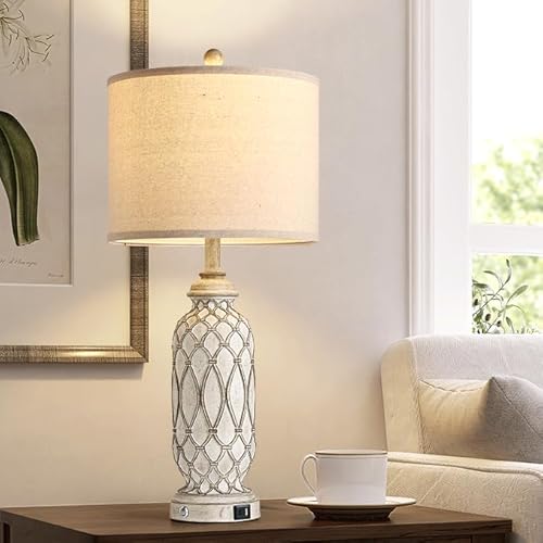 SRJJRS Farmhouse Table Lamps for Bedroom Set of 2, 28" Rustic Bedside Lamp with USB Ports, 3-Way Dimmable Nightstand Table Lamp for Living Room with Linen Drum Shade (Bulbs Included) - Image 3