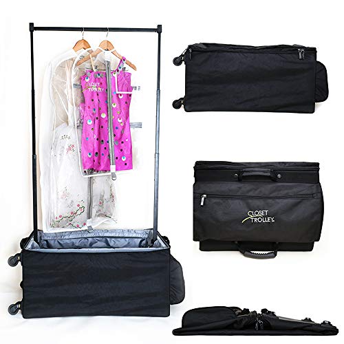 Closet Trolley Collapsible Rolling Dance Bag w/No-Lean Garment Rack - BLACK