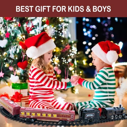 Image of Electric Train Sets for Boys Girls Metal Alloy Christmas Trains Toys Steam Locomotive, Passenger Carriages, Tracks, Light & Sounds Rechargeable Birthday Gifts for Kids 3 4 5 6 7 8 + Years Old Red 