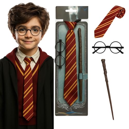 Image of WANNA PARTY Wizard Costume Kit, Harry The Magician Wizarding World Glasses with Tie and Wand Costume Accessory Pack of 3 Pieces