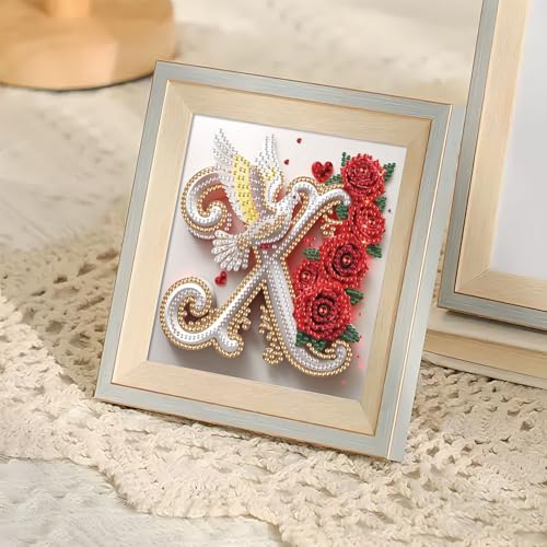 Image of AiYuanzsh 5D Diamond Art Kits for Adults Letter X, Rose & Dove Alphabet Special Shape Diamond Dots Painting, DIY Rhinestones Gem Art Craft for Home Decor and Valentine's Day Gift 17x17cm