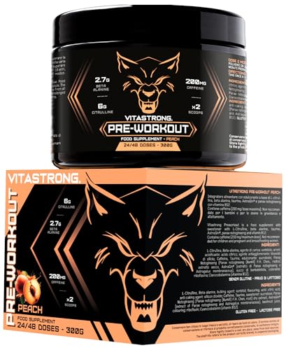 Pre Workout Potente 300g, Preworkout Vegano con L-Citrulina, Beta Alanina, Cafeína, Taurina, AstraGin, Panax Notoginseng, Vitastrong Pre Workout Sabor Lime (24 porciones (paquete de 1), Peach)