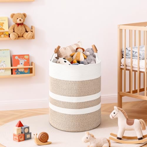 Image of Large Laundry Basket, Laundry Hamper with Leather Handles, 90L Woven Dirty Clothes Hamper, Rope Hampers for Bedroom, Barthroom, Brown