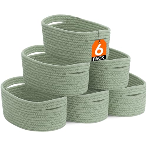 Image of Lifewit Woven Baskets, Cotton Rope Baskets Cube Storage Bins, Cute Small Shelf Baskets for Organizing, Round Storage Box Caddy for Closet, Living Room, Bedroom, Playroom, Green, 6 Pack