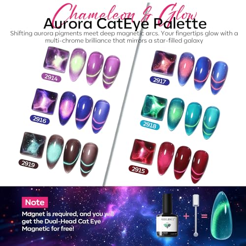 Image of modelones Glitter Cat Eye Gel Nail Polish Kit with Magnet, 6 Colors Blue Green Purple Brown Red Orange Colorful Holographic Nail Polish Set, UV Cure Gel for DIY Manicure at Home Gift for Women