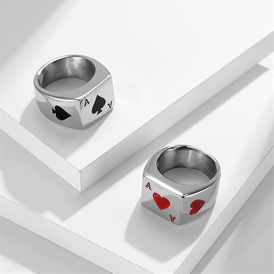 PikaLF Royal Flush Anello da uomo, anello per carte di credito, anelli per carte da gioco, vanga da uomo, in acciaio inox, anello portafortuna, amuleto, casinò, gioco d'azzardo, 17.3, No