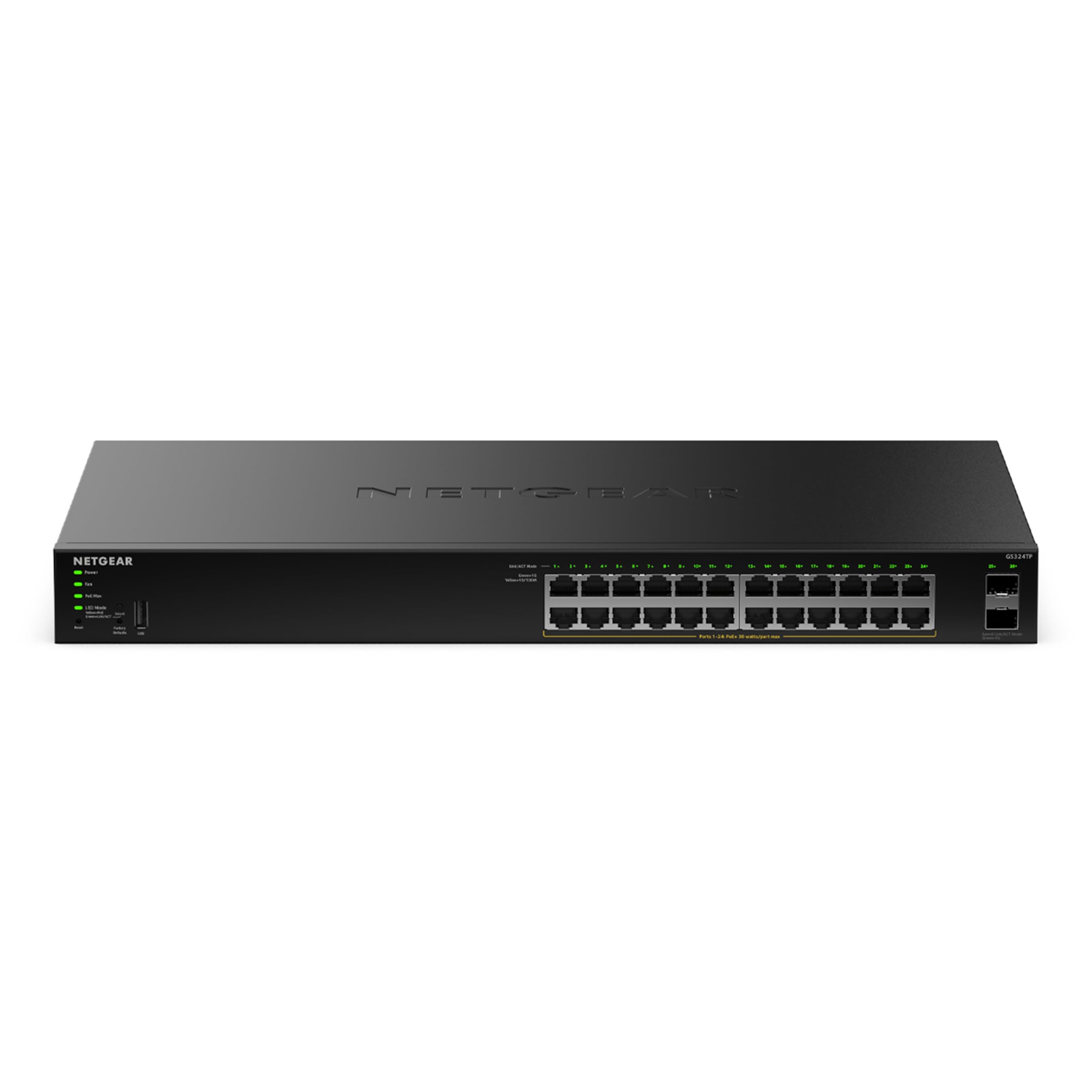 NETGEAR S350 Serie 24-Port Gigabit Ethernet PoE+ Smart Managed Essentials Switch – 24 1G PoE+ mit 190 W, 2 dedizierte 1G SFP-Anschlüsse – Desktop- oder Rack-Befestigung (GS324TPv2)