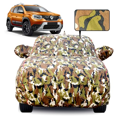 Image of Waterproof Car Body Cover for Renault Duster with Mirror Pocket, Soft Cotton Lining, Triple Stitched, Full Bottom Elastic (Heat Resistant Jungle Print with Red Piping)