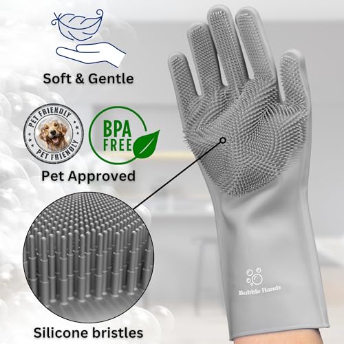 Image of Dog Washing Gloves with Bristle Scrubbers, Reusable Silicone Gloves Ideal for Pet Bathing, Massaging & Grooming (Gray)